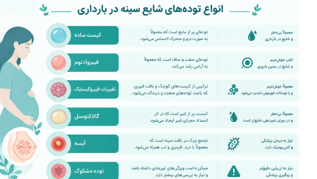 کیست سینه در بارداری؛ اینفوگرافیک انواع توده‌های شایع و ویژگی کلی